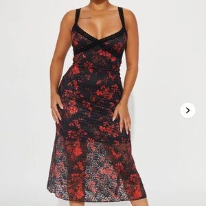 Floral Lace Midi Dress- Black and Red